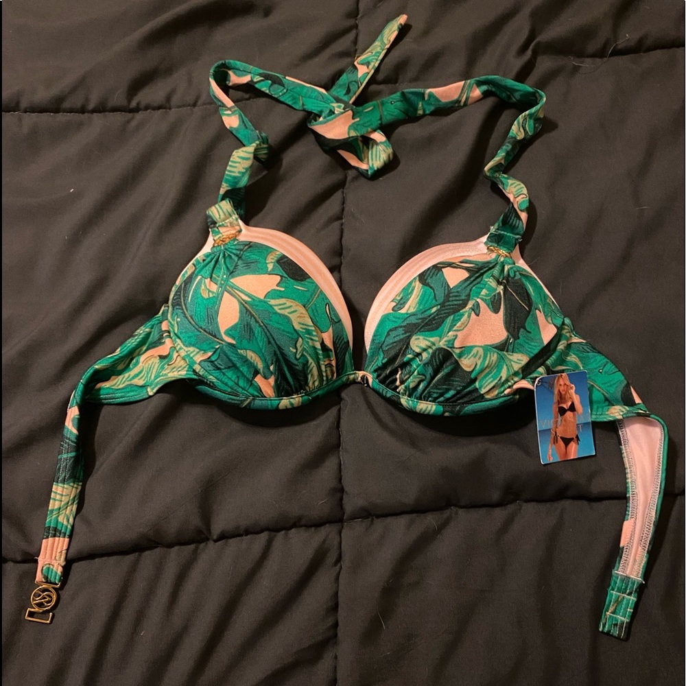 Victorias Secret Very Sexy Miraculous Swim Bikini Halter Top 36B Green Pink NWT